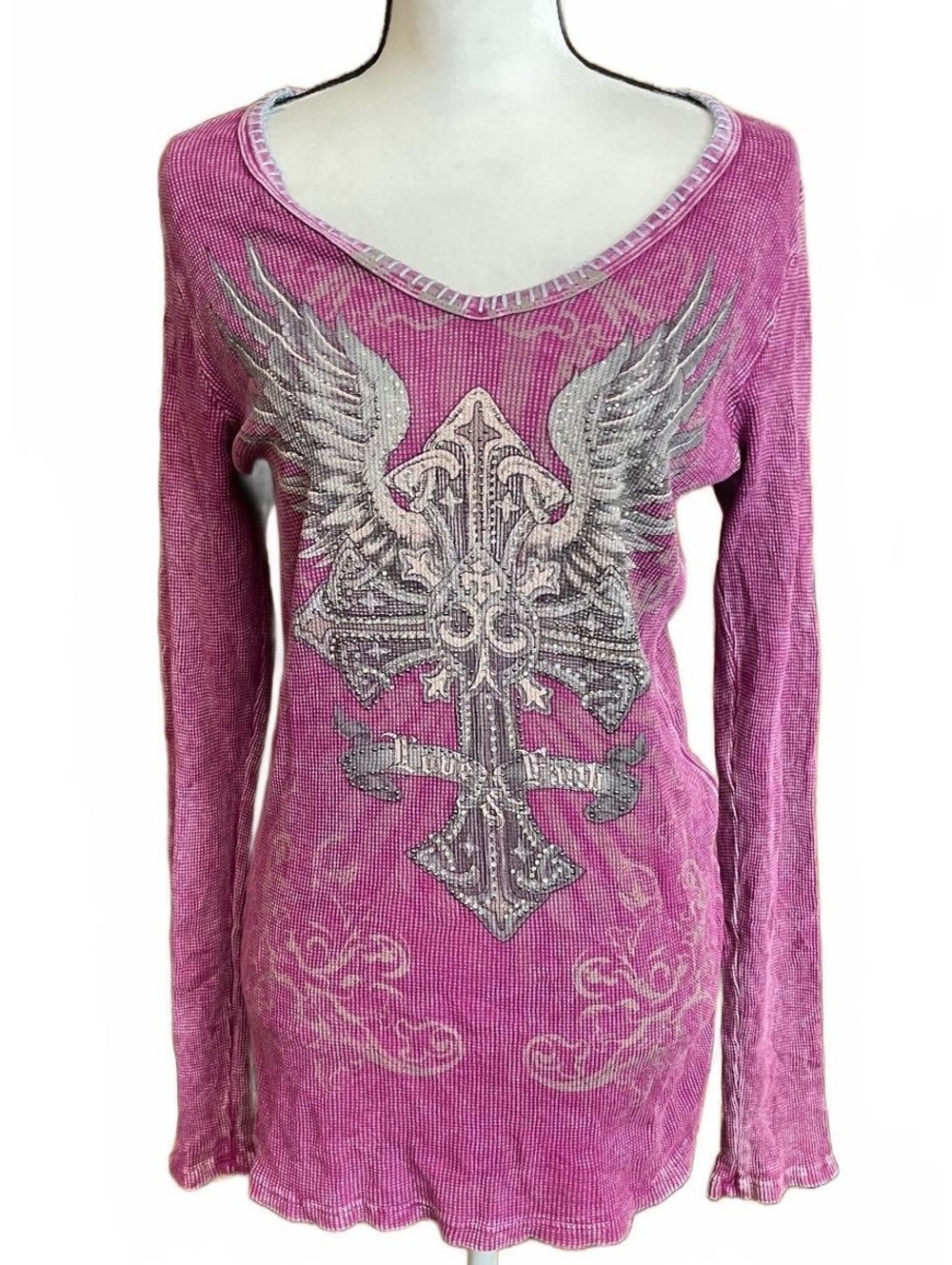 Vocal Apparel cross & angel wing long sleeve top XL